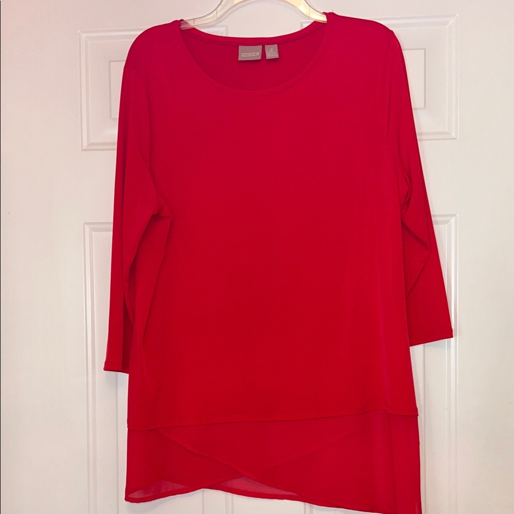 Chico's Women's Tunic Top Sz 2 (MED 12/14) Cherry Red Sheer Hem Minimalist Basic